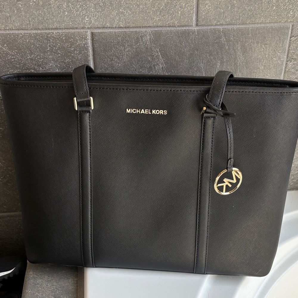 Michael Kors Black Saffiano Tote with Gold Logo Charm